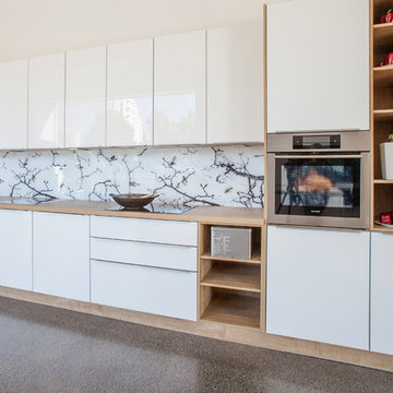 'Fantails on Blossoms' printed image on glass splashback