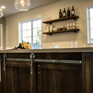 Small farmhouse kitchen designs - Inspiration for a small cottage l-shaped kitchen remodel in San Francisco with shaker cabinets, dark wood cabinets, quartz countertops, white backsplash, subway tile backsplash and an island