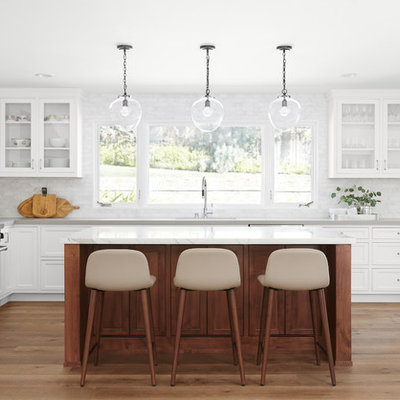 Mid-sized transitional u-shaped medium tone wood floor and brown floor open concept kitchen photo in San Francisco with an undermount sink, shaker cabinets, white cabinets, marble countertops, marble backsplash, stainless steel appliances, two islands, white countertops and gray backsplash