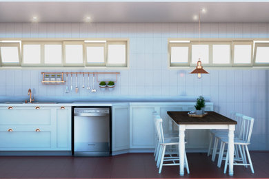 高級な広いカントリー風のおしゃれなキッチン (ダブルシンク、落し込みパネル扉のキャビネット、白いキャビネット、ライムストーンカウンター、白いキッチンパネル、セラミックタイルのキッチンパネル、シルバーの調理設備、テラコッタタイルの床、茶色い床、白いキッチンカウンター) の写真
