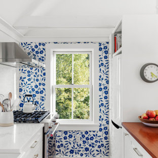 Small farmhouse kitchen ideas - Inspiration for a small farmhouse galley medium tone wood floor kitchen remodel in Boston with a farmhouse sink, white cabinets, quartzite countertops, white backsplash, stainless steel appliances, white countertops and shaker cabinets