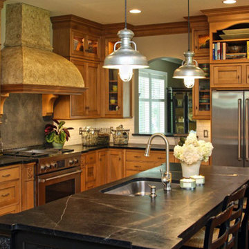 Farmhouse Kitchen with Wood Cabinets and Soapstone Countertops