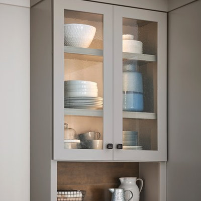 Example of a large country l-shaped eat-in kitchen design in Other with shaker cabinets, gray cabinets and an island