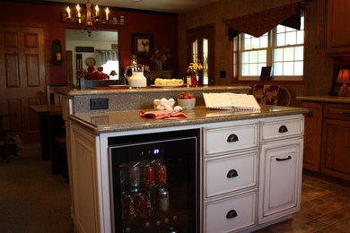 Small country u-shaped vinyl floor eat-in kitchen photo in Milwaukee with an undermount sink, raised-panel cabinets, medium tone wood cabinets, granite countertops, red backsplash, wood backsplash, white appliances and an island