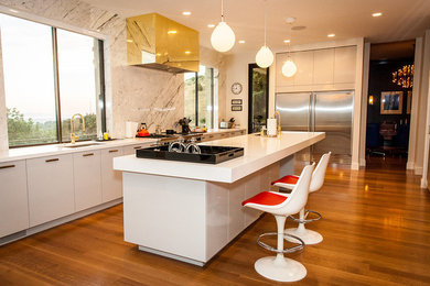 Cette image montre une cuisine minimaliste avec un placard à porte plane, des portes de placard blanches, plan de travail en marbre, une crédence blanche, un électroménager en acier inoxydable, un sol en bois brun et îlot.