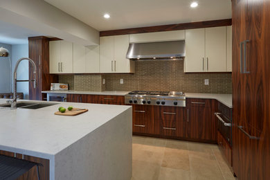 Eat-in kitchen - mid-sized contemporary l-shaped ceramic tile and beige floor eat-in kitchen idea in Baltimore with an undermount sink, flat-panel cabinets, dark wood cabinets, quartz countertops, glass tile backsplash, stainless steel appliances, an island and brown backsplash