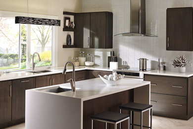 Mid-sized trendy l-shaped light wood floor and brown floor eat-in kitchen photo in Other with an undermount sink, flat-panel cabinets, dark wood cabinets, gray backsplash, stainless steel appliances and an island