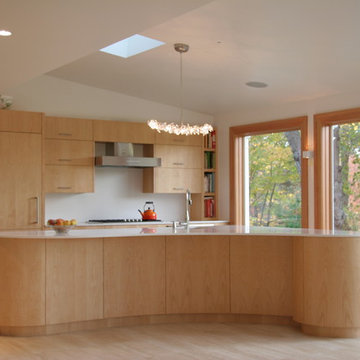Figured maple kitchen and view beyond