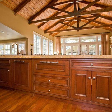 fine custom kitchen cabinets and truss ceiling by Bay Area builder