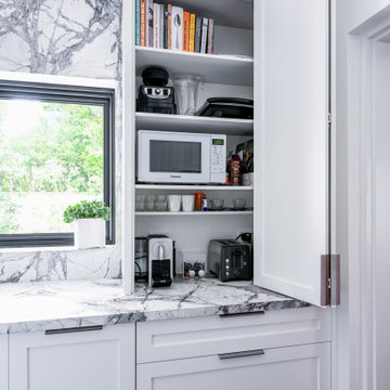 White Appliance Pantry with Marble Benchtops