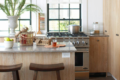 ニューヨークにあるビーチスタイルのおしゃれなアイランドキッチン (フラットパネル扉のキャビネット、中間色木目調キャビネット、シルバーの調理設備、濃色無垢フローリング) の写真
