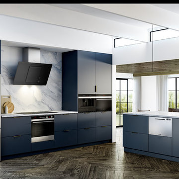 Fisher & Paykel Midnight Blue Kitchen with Wood Flooring
