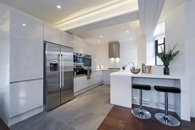 Photo of a medium sized contemporary open plan kitchen in London with flat-panel cabinets, white cabinets and no island.