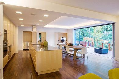 Example of a large minimalist single-wall dark wood floor open concept kitchen design in Boston with a double-bowl sink, flat-panel cabinets, light wood cabinets, stainless steel countertops, stainless steel appliances and an island