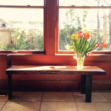 Floating Live Edge Slab Bench with Steel Supports