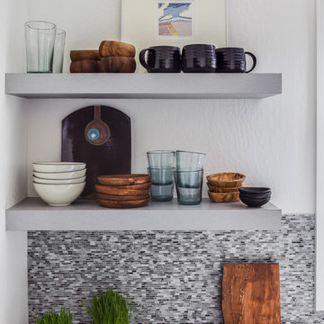 Floating Shelves in Modern Kitchen + Mosaic Tile Backsplash