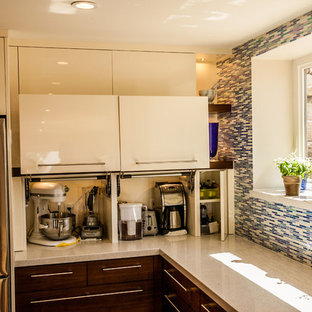 Large transitional open concept kitchen photos - Large transitional galley dark wood floor open concept kitchen photo in Salt Lake City with flat-panel cabinets, dark wood cabinets, blue backsplash, stainless steel appliances, an island, a double-bowl sink, granite countertops and matchstick tile backsplash