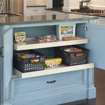 Formal white kitchen with blue island - Mullet Cabinet