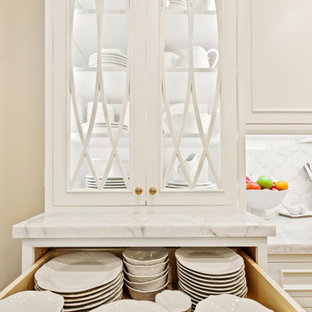Mid-sized french country open concept kitchen inspiration - Inspiration for a mid-sized french country l-shaped limestone floor, beige floor and wood ceiling open concept kitchen remodel in Other with an undermount sink, beaded inset cabinets, white cabinets, quartzite countertops, white backsplash, marble backsplash, paneled appliances, an island and white countertops