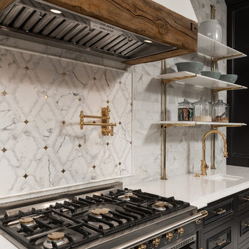 Open Kitchen Shelving with Gold Accents
