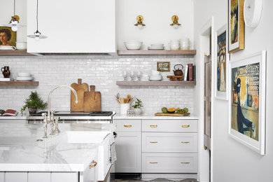 Example of a large cottage u-shaped marble floor and multicolored floor eat-in kitchen design in Chicago with a farmhouse sink, shaker cabinets, gray cabinets, white backsplash, terra-cotta backsplash, stainless steel appliances, an island and white countertops