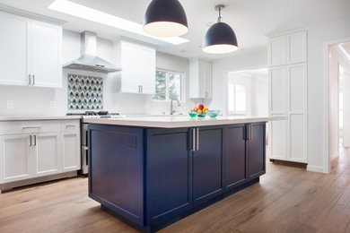 Inspiration for a large modern medium tone wood floor and brown floor open concept kitchen remodel in San Francisco with a single-bowl sink, shaker cabinets, white cabinets, quartzite countertops, white backsplash, ceramic backsplash, stainless steel appliances, an island and white countertops