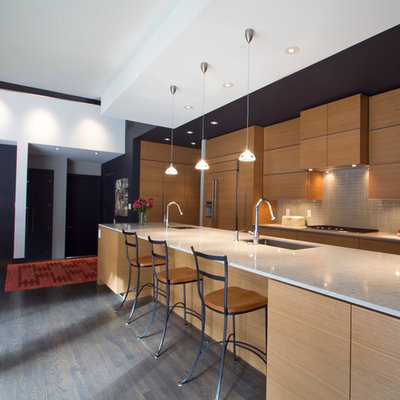 Inspiration for a mid-sized modern galley medium tone wood floor and brown floor eat-in kitchen remodel in Atlanta with a single-bowl sink, flat-panel cabinets, medium tone wood cabinets, gray backsplash, paneled appliances, ceramic backsplash, a peninsula and quartzite countertops