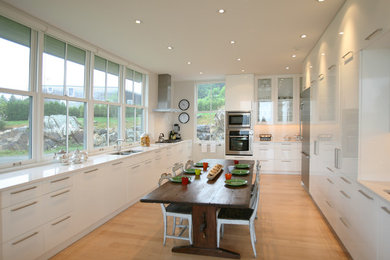 Пример оригинального дизайна: кухня в стиле неоклассика (современная классика) с обеденным столом, двойной мойкой, плоскими фасадами, белыми фасадами, техникой из нержавеющей стали и паркетным полом среднего тона