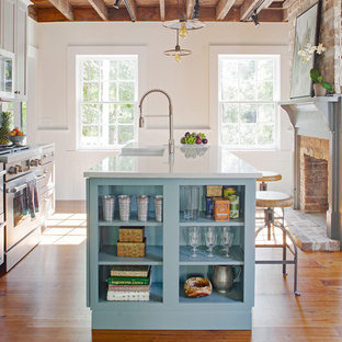 Example of a small farmhouse galley medium tone wood floor and brown floor enclosed kitchen design in Other with a farmhouse sink, gray cabinets, quartz countertops, blue backsplash, terra-cotta backsplash, stainless steel appliances, an island, white countertops and recessed-panel cabinets