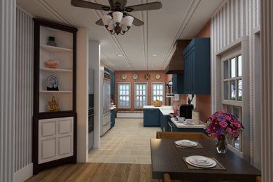 Eat-in kitchen - mid-sized cottage galley brick floor, beige floor and shiplap ceiling eat-in kitchen idea in Austin with a single-bowl sink, shaker cabinets, blue cabinets, soapstone countertops, multicolored backsplash, stainless steel appliances and white countertops
