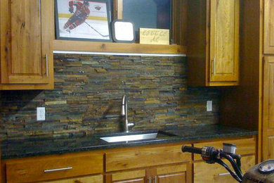 Small transitional kitchen photo in Minneapolis with beaded inset cabinets and medium tone wood cabinets