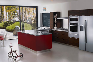 Ejemplo de cocinas en L contemporánea grande abierta con electrodomésticos de acero inoxidable