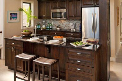 Kitchen - kitchen idea in Other with a drop-in sink, raised-panel cabinets, dark wood cabinets and stainless steel appliances