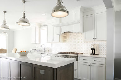 Inspiration for a mid-sized contemporary galley ceramic tile and gray floor eat-in kitchen remodel in New York with an undermount sink, recessed-panel cabinets, white cabinets, quartz countertops, multicolored backsplash, marble backsplash, stainless steel appliances, an island and multicolored countertops