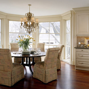 Victorian eat-in kitchen photos - Inspiration for a victorian eat-in kitchen remodel in Boston with raised-panel cabinets, beige cabinets and beige backsplash