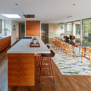 Design ideas for an expansive midcentury single-wall eat-in kitchen in San Francisco with a drop-in sink, flat-panel cabinets, medium wood cabinets, quartz benchtops, white splashback, stone slab splashback, panelled appliances, medium hardwood floors, with island and turquoise floor.