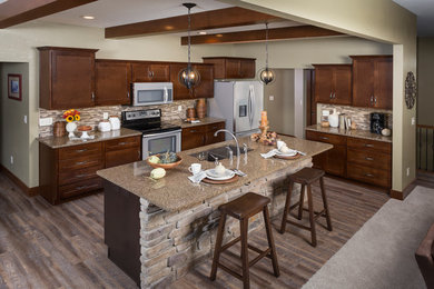 Enclosed kitchen - mid-sized traditional l-shaped medium tone wood floor and gray floor enclosed kitchen idea in Other with shaker cabinets, an island, a double-bowl sink, medium tone wood cabinets, granite countertops, beige backsplash, matchstick tile backsplash and stainless steel appliances