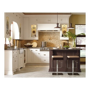 Design ideas for a small transitional l-shaped eat-in kitchen in Toronto with a farmhouse sink, shaker cabinets, white cabinets, zinc benchtops, multi-coloured splashback, mosaic tile splashback, stainless steel appliances, ceramic floors and with island.