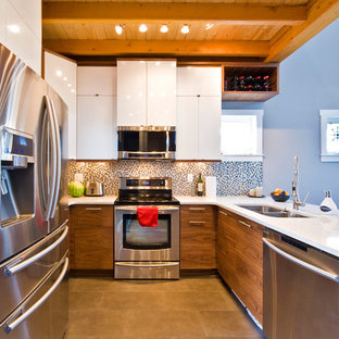 Minimalist u-shaped kitchen photo in Calgary with mosaic tile backsplash, stainless steel appliances, multicolored backsplash, flat-panel cabinets, a double-bowl sink and dark wood cabinets