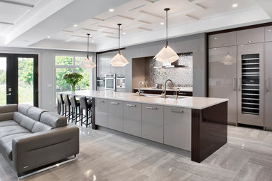 Inspiration for a large contemporary porcelain tile kitchen remodel in Ottawa with a single-bowl sink, flat-panel cabinets, gray cabinets, quartz countertops, metallic backsplash, mirror backsplash, paneled appliances and an island