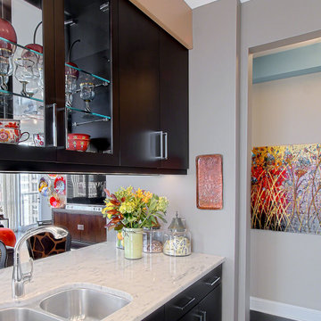 Glass Front Cabinets in Galley Kitchen