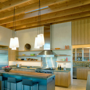 Modern kitchen pantry in San Francisco with flat-panel cabinets, medium wood cabinets, concrete benchtops, stainless steel appliances, concrete floors and with island.