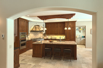 Design ideas for a large mediterranean u-shaped kitchen pantry in Chicago with shaker cabinets, dark wood cabinets, granite worktops, beige splashback, stainless steel appliances and an island.