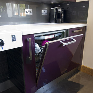 Ispirazione per una cucina design di medie dimensioni con lavello integrato, ante lisce, ante viola, top in cemento, paraspruzzi a effetto metallico, paraspruzzi con lastra di vetro, elettrodomestici in acciaio inossidabile, pavimento in gres porcellanato e pavimento grigio