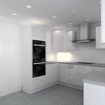 Gloss Alpine White Handle-less kitchen with Quartz worktops