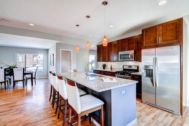 Example of a mid-sized trendy galley light wood floor eat-in kitchen design in Denver with recessed-panel cabinets, an island, an undermount sink, granite countertops, gray backsplash and stainless steel appliances