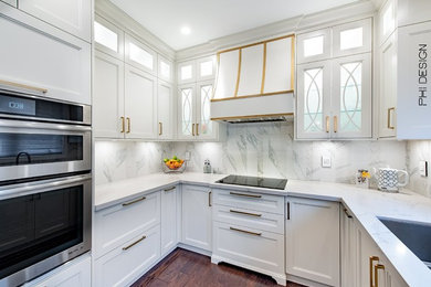 Eat-in kitchen - small transitional u-shaped dark wood floor and brown floor eat-in kitchen idea in Toronto with a double-bowl sink, shaker cabinets, white cabinets, quartz countertops, white backsplash, porcelain backsplash, stainless steel appliances, a peninsula and white countertops