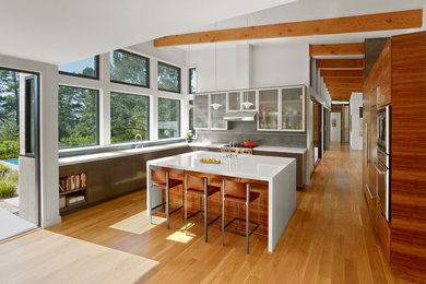 Example of a trendy u-shaped kitchen design in San Francisco with glass-front cabinets, gray backsplash, cement tile backsplash and an island