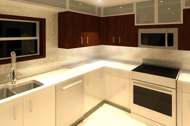 Kitchen - contemporary beige floor kitchen idea in Miami with flat-panel cabinets, dark wood cabinets, metallic backsplash, mosaic tile backsplash and stainless steel appliances