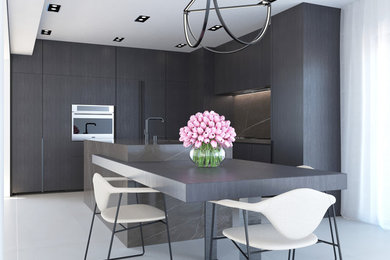 Mid-sized minimalist l-shaped marble floor and gray floor eat-in kitchen photo in Montreal with an undermount sink, flat-panel cabinets, black cabinets, marble countertops, gray backsplash, marble backsplash, paneled appliances, an island and gray countertops
